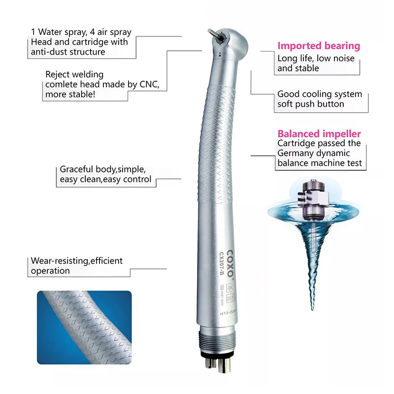 COXO CX207-B Turbina de aire dental de alta velocidad para pieza de mano, canal exterior, máquina de limpieza dental, equipo de instrumento de blanqueamiento